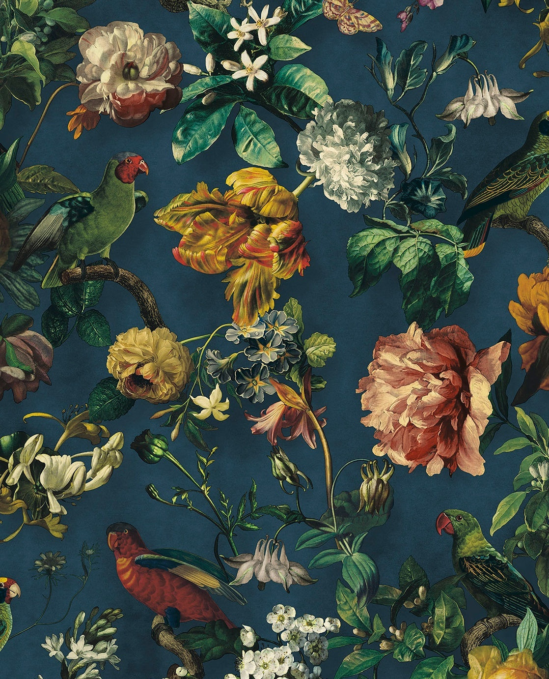 Flowers and Parrots - Dark Teal